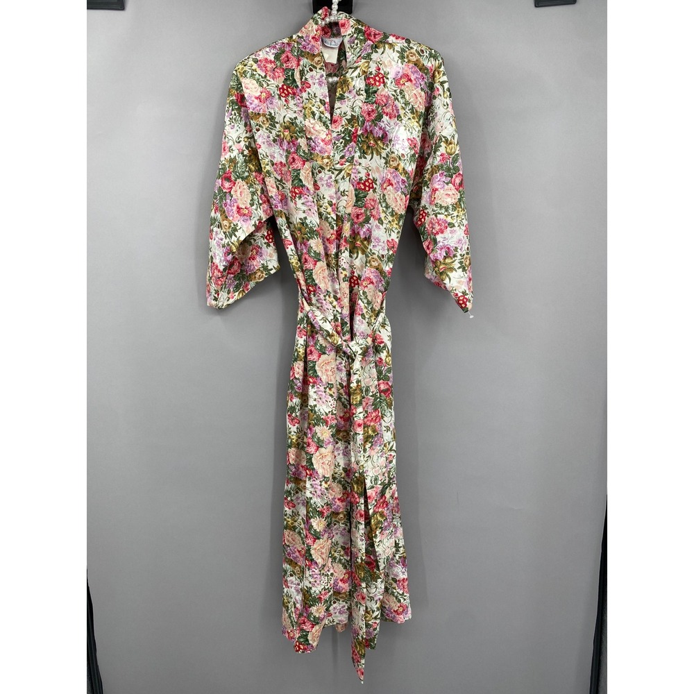 Vintage 80s L.A. Intimates Floral Satin 
Robe Womens Small Pink Garden Party